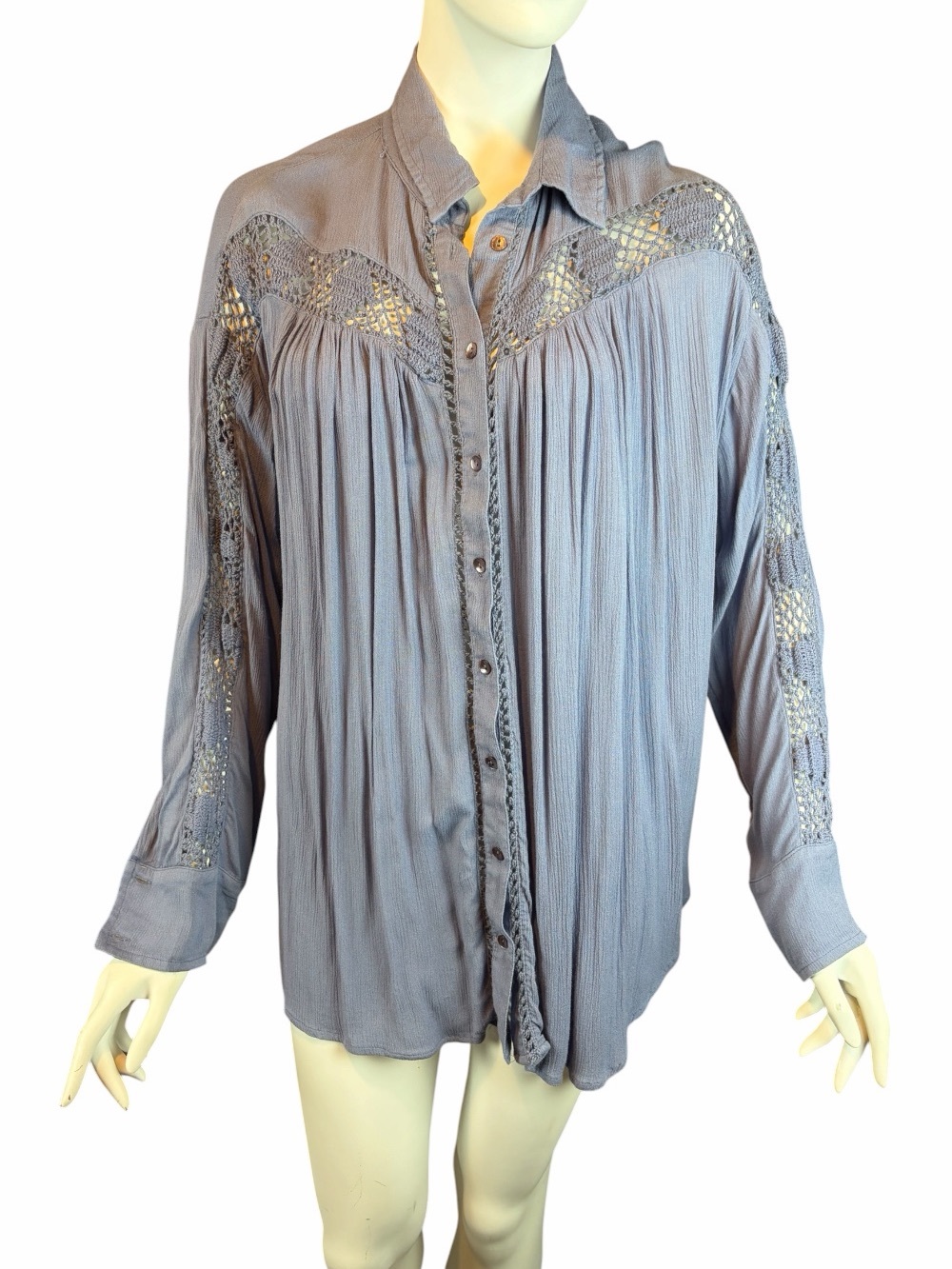 Free People Blue Blouse Size M Tunic Crochet Yoke Button Front Lightweight Soft